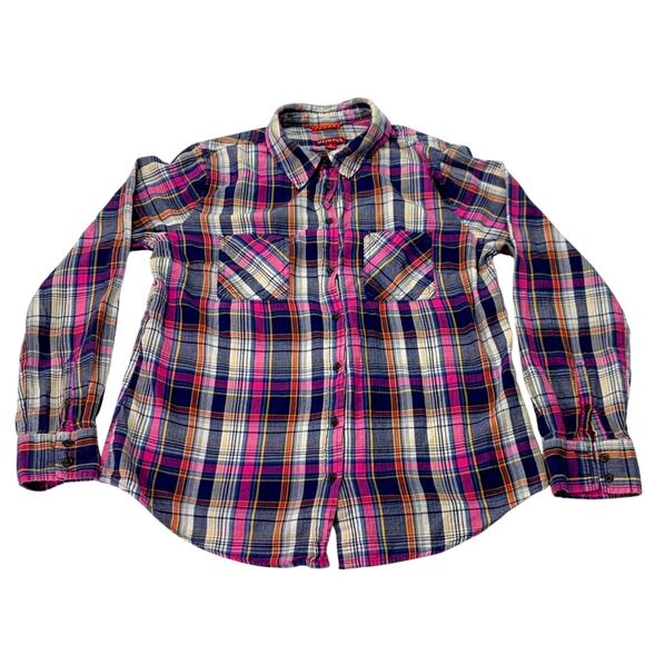 Merona Womens Large Pink Blue Orange Plaid Long Sleeve Cotton Button Up Shirt - Picture 1 of 9